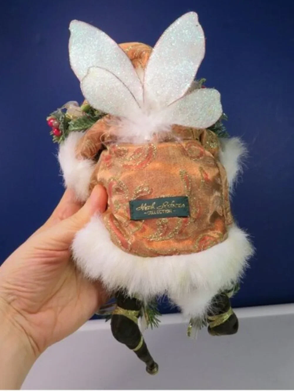 Mark Roberts Christmas Santa Fairy Elf Posable Shelf Sitter Peach Gold Brocade